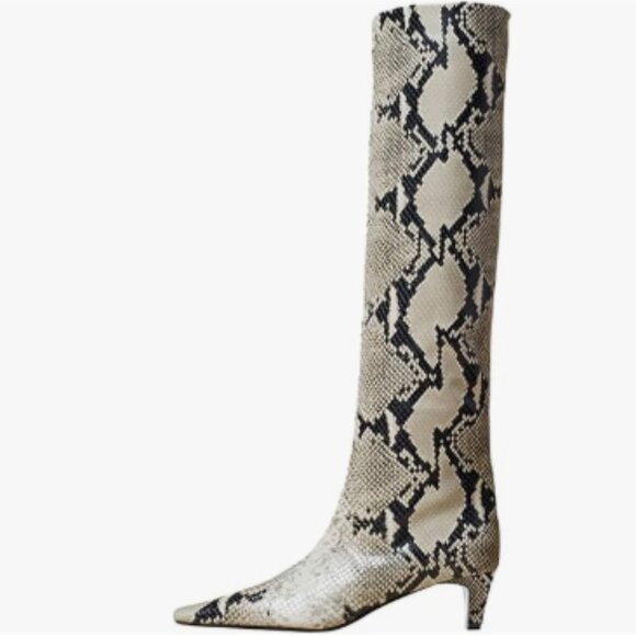 miss left Snakeskin Stretchy Knee High Boot Square Toe Low Kitten Heel Shoes - Picture 1 of 9